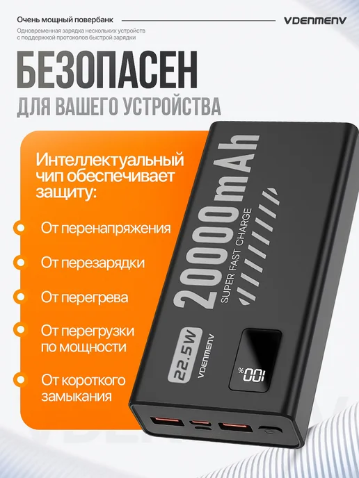Vdenmenv Повербанк 20000 внешний аккумулятор быстрая зарядка 22,5W, 22,5 Вт, фото 4