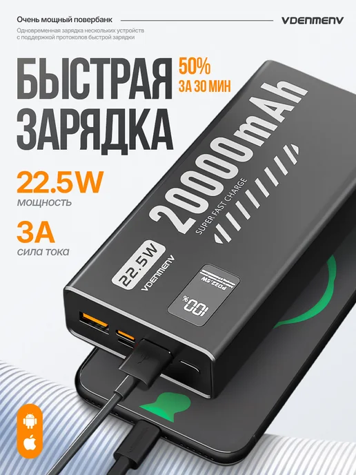 Vdenmenv Повербанк 20000 внешний аккумулятор быстрая зарядка 22,5W, 22,5 Вт, фото 5