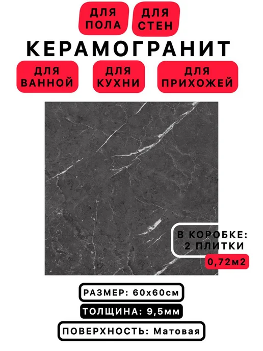 BELANI 60х60см Керамогранит для ванной пола и фартука кухни, черный, фото 2