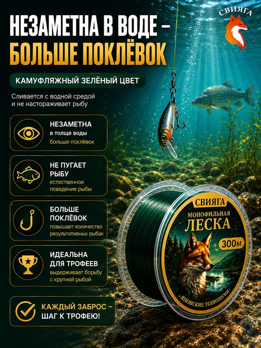 Свияга Леска рыболовная 0,26 мм, зеленый, фото 2