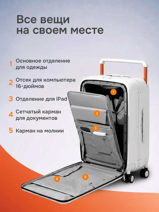 MIXI Чемодан на колесах средний M+, поликарбонат, ударопрочный, белый, фото 5