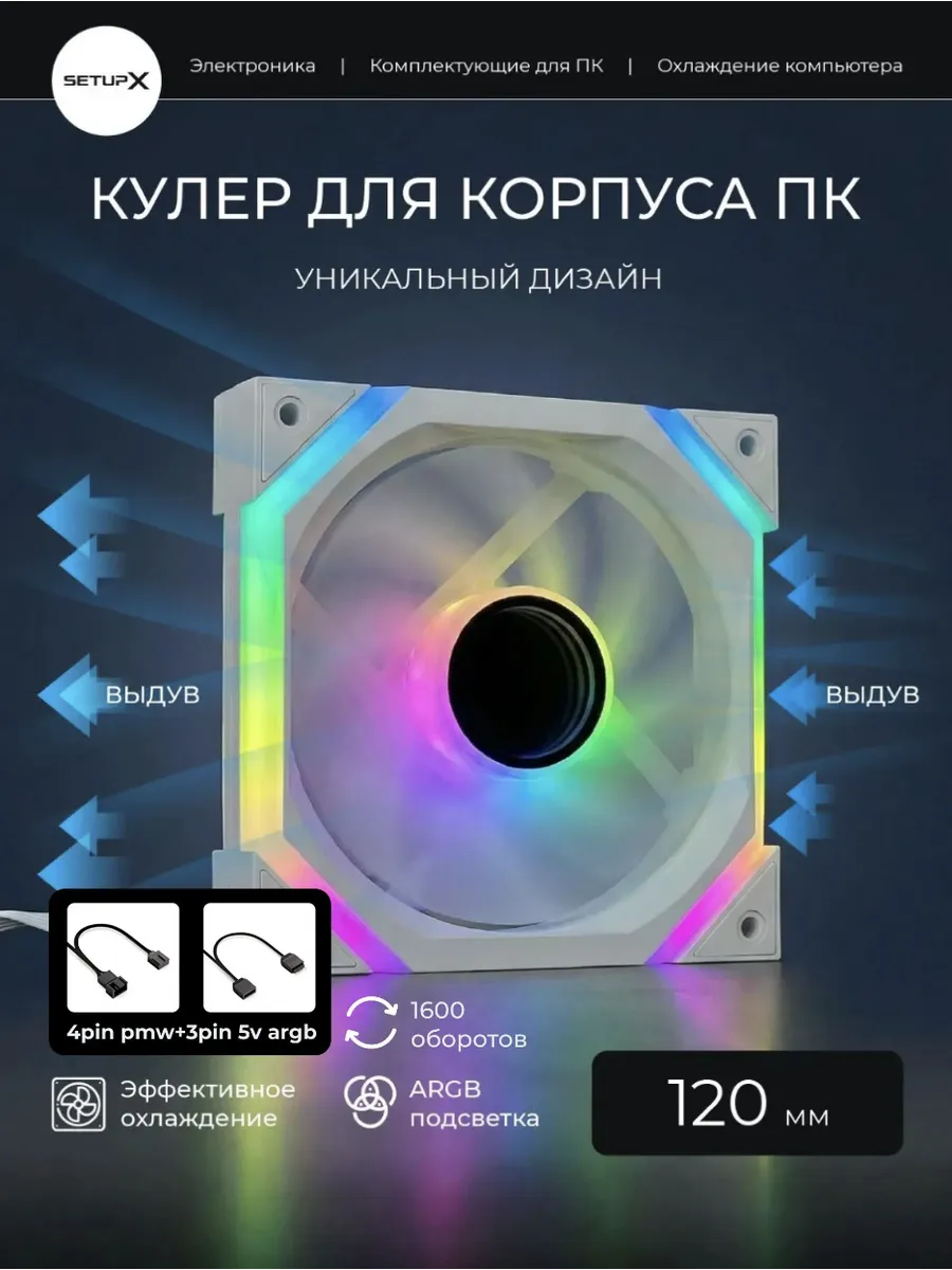 Кулер для ПК, вентилятор 120 мм белый