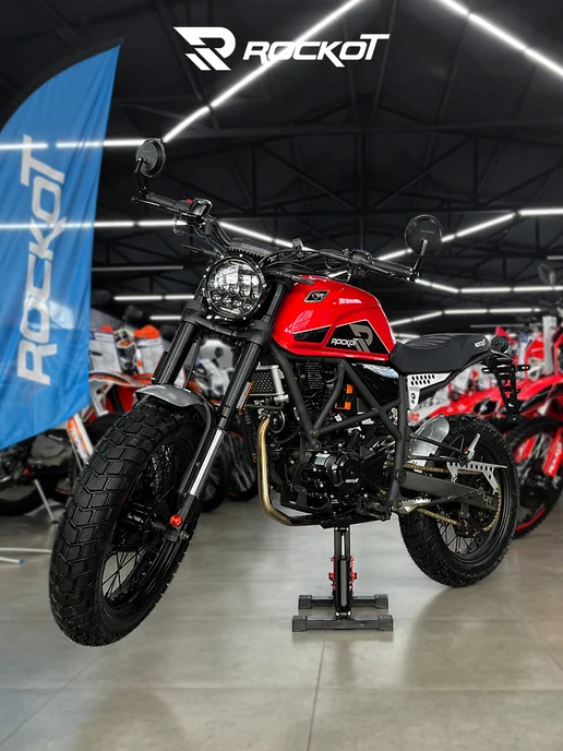 ROCKOT Мотоцикл дорожный SCRAMBLER (серый), красный, фото 2