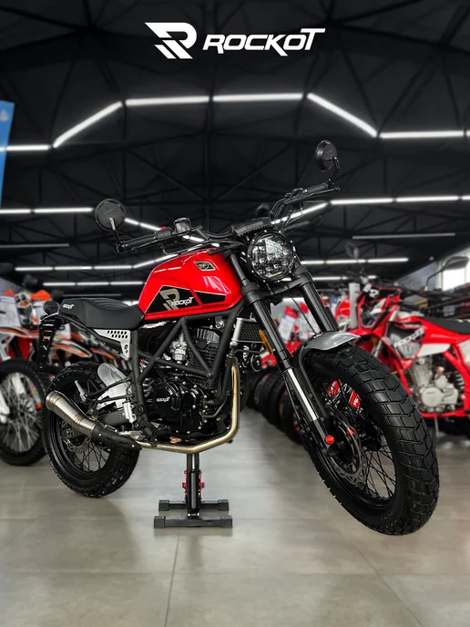 ROCKOT Мотоцикл дорожный SCRAMBLER (серый), красный, фото 3