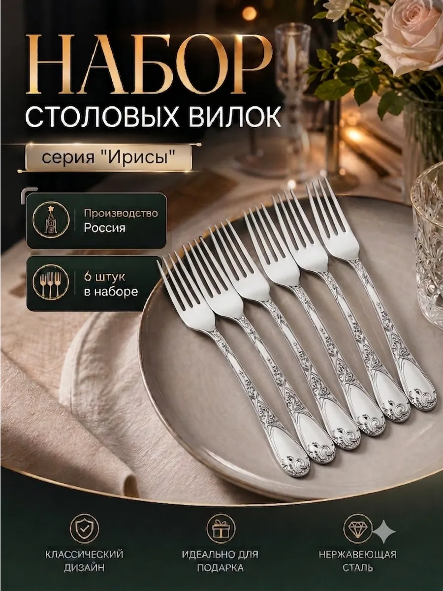 Вилки столовые классические "Ирисы" 6 штук