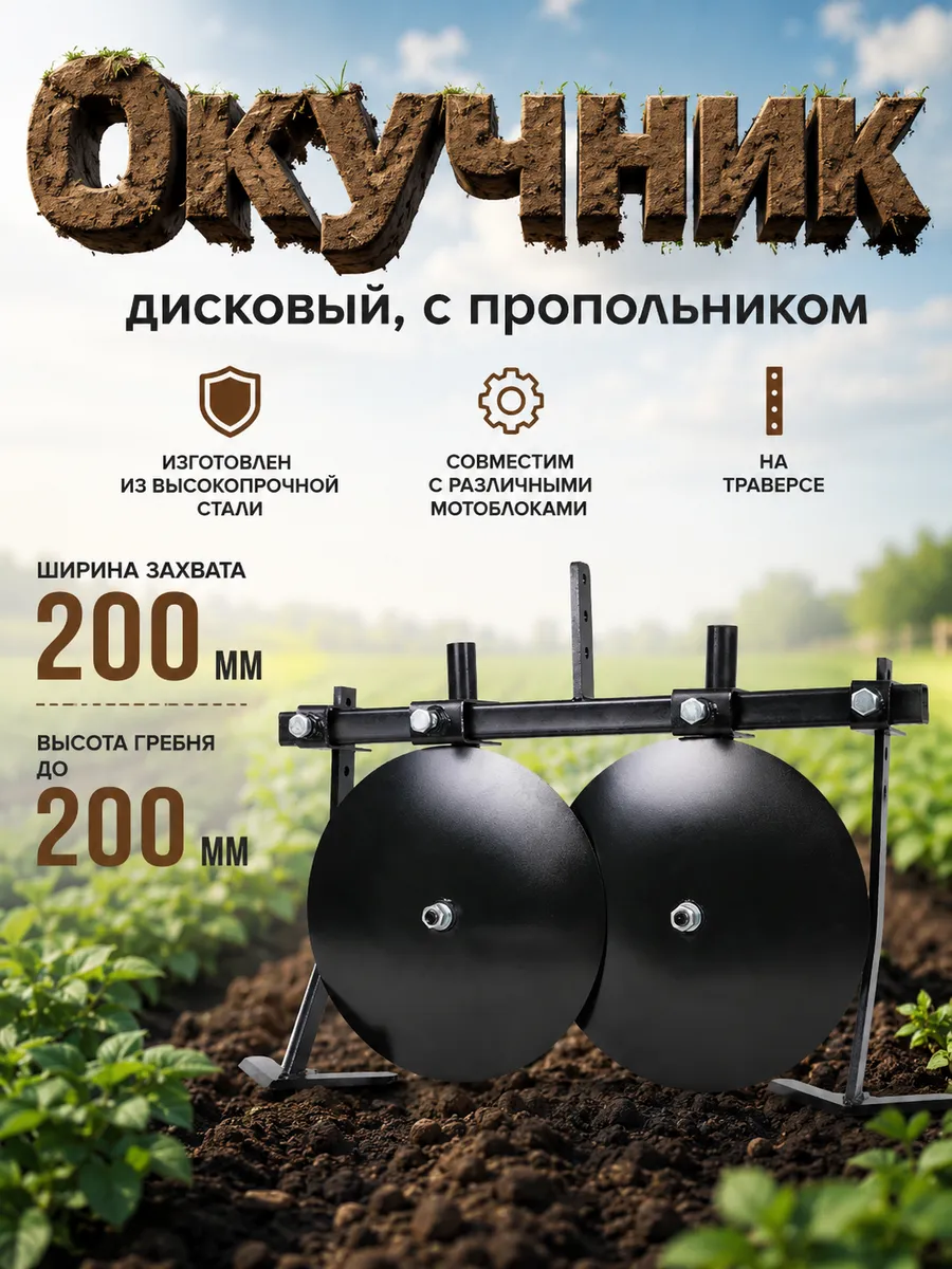 Окучник для мотоблока дисковый с пропольником на траверсе